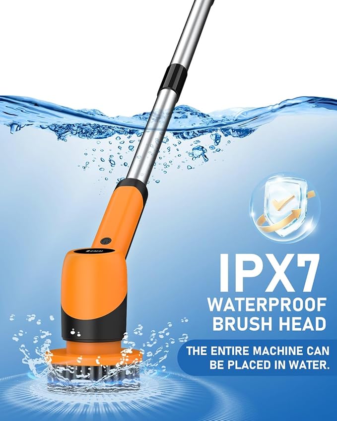 Electric Spin Scrubber for Bathroom - Cordless Brush Scrubber for Cleaning- IPX7 Shower Scrubber - 7 in 1 Electric Cleaning Brush & Retractable Handle - 2-Speed Adjustable Shower Cleaner for Bathroom