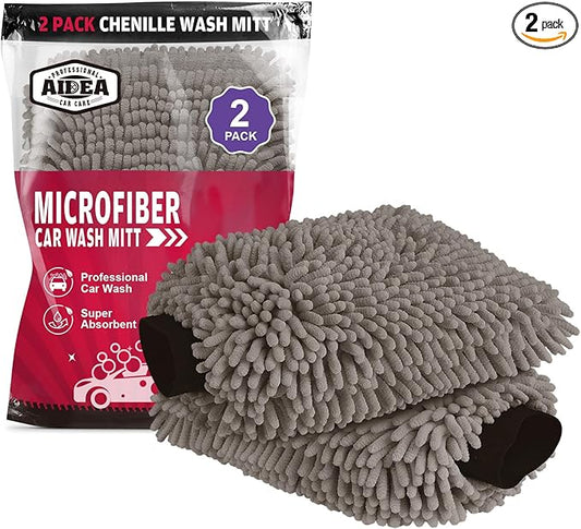 AIDEA Car Wash Mitt Microfiber-2Pack, Scratch-Free& Lint-Free, Premium Chenille Microfiber Wash Mitt-Grey Regular Size (7.12''X10.14'')