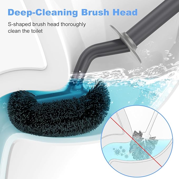 HAMITOR Toilet Bowl Brush Holder Set: Curved Design with Holder for Deep Cleaning Under Rim - Compact Hidden Scrubber for Small Space - Modern RV Bathroom Accessories - Gray