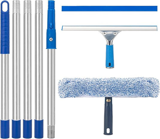 Window Squeegee with Scrubber for Home and Outdoor Glasses Cleaning, 6 Ft Long Handle 2 in 1 Professional Window Washing Kit with Replacement Rubber Blade, Car Windshield Cleaner Tool