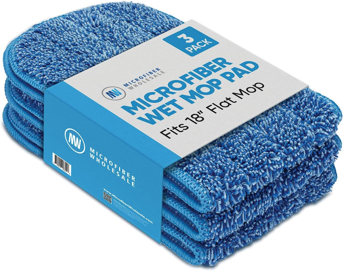 18 inch Microfiber Mop Pads - Machine Washable, Reusable, Refills & Replacement Wet Mop Heads Compatible with Any Microfiber Flat Mop System (3 Pack)
