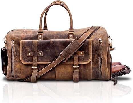 KomalC 24 Inch Full Grain Leather Duffle Bag for Men & Women with Shoe Pocket