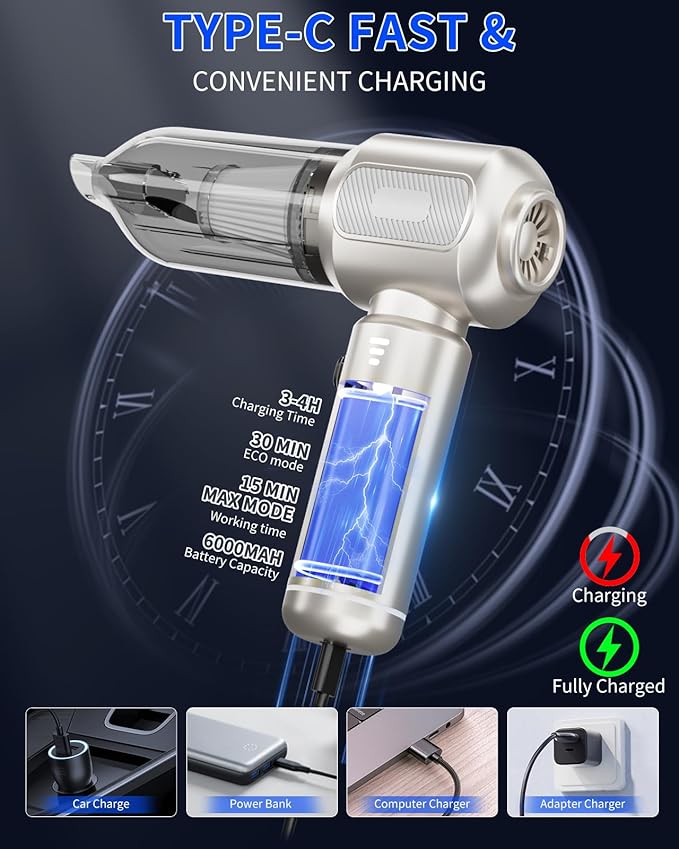 Handheld Vacuum Cordless, 16000Pa Strong Suction Car Vacuum Cleaner Rechargeable, 2-in-1 Blow & Suction, 140W High Power Hand Vacuum for Car, Desk, Keyboards, Pet Hair
