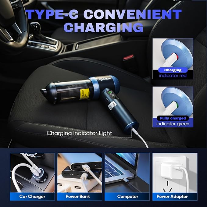 Saker Car Vacuum Portable Cordless 20000Pa Suction Power 4 in 1 Handheld Vacuum with LED Light Type-C Portable Mini Vacuums for Gifts Car, Home, Office, Pet HL157 Blue
