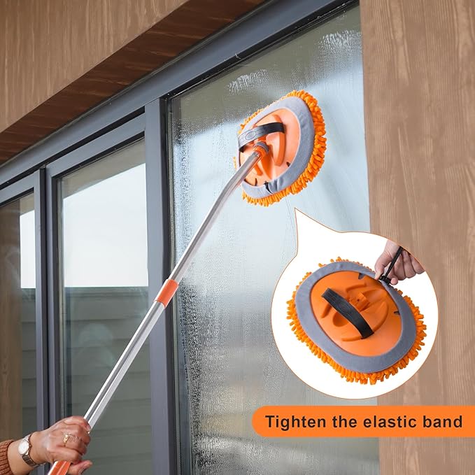 Wall Cleaner Mop with 68” Long Handle,15°Labor-Saving Elbow,Multi-Surface Duster for Painted Walls,Floor,Baseboard & Windows, Includes 2 Replaceable Microfiber Chenille Pads