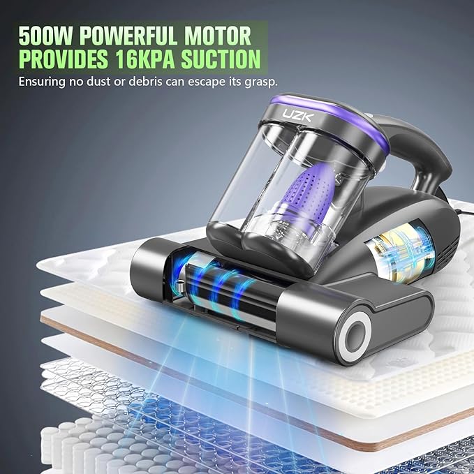 Bed Vacuum Cleaner Mattress Vacuum Cleaner,16Kpa Powerful Handheld Vacuums with UV-C Light & Double Dust Cup & High Heating & Ultrasonic & HEPA Filter for Bed Sofa(Corded,Black Blue)