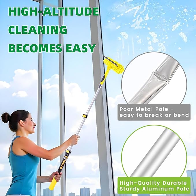 45'' Long Reach Window Squeegee with Telescoping Extension Pole, 2-in-1 Indoor/Outdoor Cleaning Tool with 270° Rotatable Head, Lightweight Alloy Aluminum Pole for Shower Door, Mirror, Car Windshield