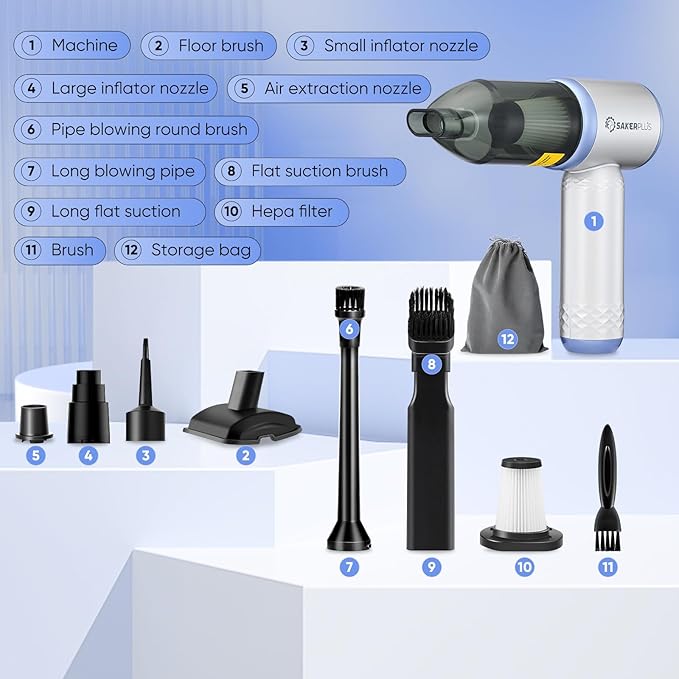SakerPlus Mini Vacuum Cleaner, 3 in 1 Cordless Handheld Vacuum Cleaners, 18000Pa High Power Car Vacuum Cleaner with Brushless Motor,Adjustable Car Vaccum Portable Cordless for Cars,Desktop-Blue