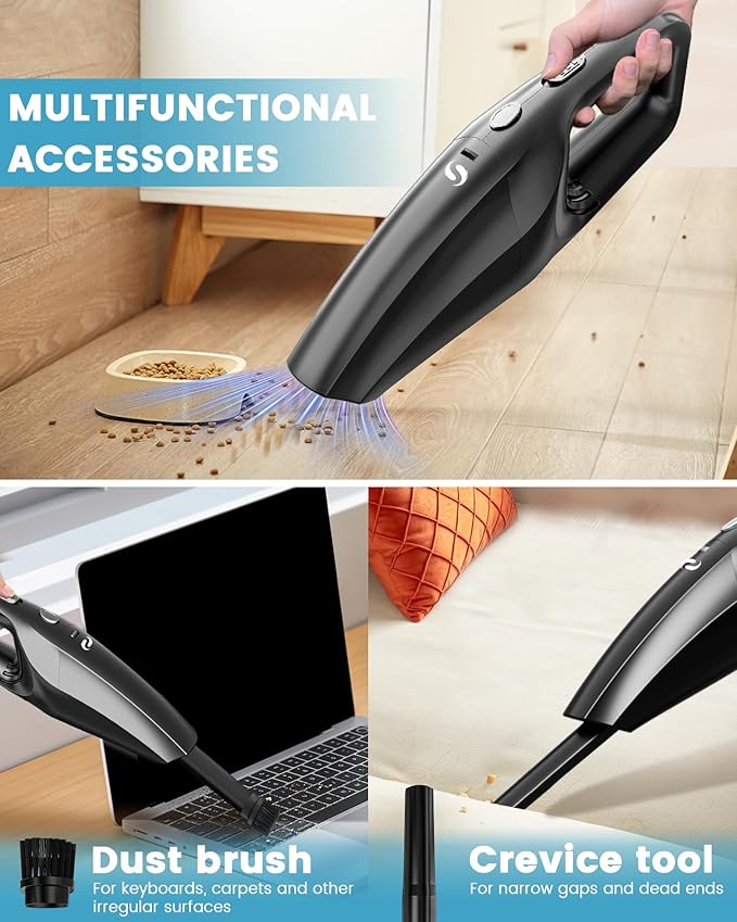 Handheld Vacuum Cordless Car Vacuum Cleaner Portable Rechargeable and Mini with Powerful Suction Includes Washable HEPA Filter and Lightweight for Car Home Office and Pet Hair