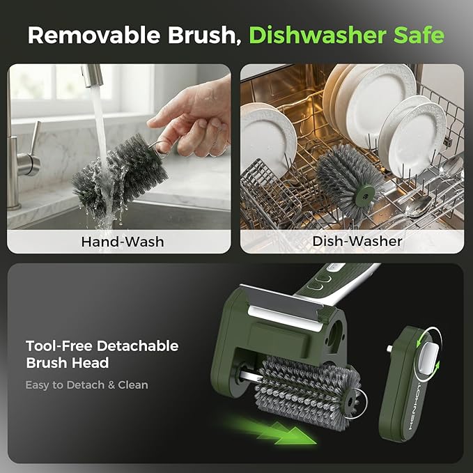 Electric Grill Brush - Heavy Duty Cordless BBQ Grill Cleaning Brush with High Torque, LED Light, Detachable Stainless Steel Head, Support Roller, for Outdoor Cast Iron & Stainless Steel Grates