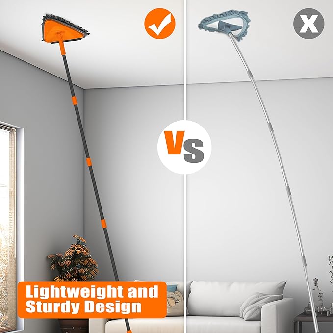 JEHONN Wall Mop with Long Handle 80 inches, Upgraded 180° Collapsible Baseboard Cleaner Tool with Squeegee, Ceiling Duster with 3 Microfiber and 3 Chenille Pads for Cleaning Window, Cabinet (Orange)
