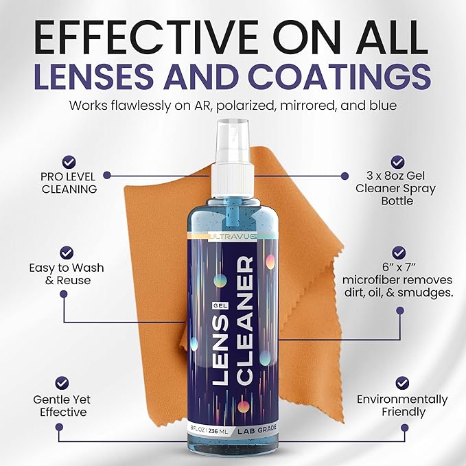 Eyeglass Gel Lens Cleaner Spray Kit - 3 x 8oz Gel Lens Cleaner Spray Bottle + 2 Microfiber Cloth for Cleaning - Safe for All Lenses (AR Coated Included), Eyeglasses and Screens