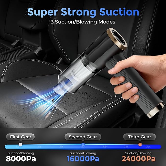 Handheld Cordless Vacuum Cleaner, Black, 24000Pa Suction, 3 Cleaning Modes, 7800mAh Battery, Vacuum/Blower/inflator Design, brushless Motor, USB-C Rechargeable