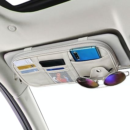 Da by Car Visor Organier Truck SUV Sun Visor Storage Pocket PU Leather Pouch Holder with Multi-Pocket Double Zipper Net 