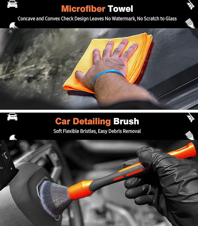 YeewayVeh 7PCS Car Interior Detailing Kit, Horse Hair Leather Brush for Car Seat, Carpet Brush, Soft Car Detailing Brush, Microfiber Towels & 2 Wax Applicator Pads, Car Interior Care Kit, Orange