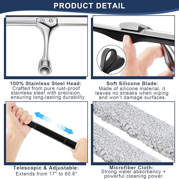17'' - 60'' Metal Squeegee with Extension Pole for Window,Glass Door,Mirror, 12'' Wide Telescopic Shower Squeegee Cleaner with Long Handle (60'' Telescopic Pole Squeegee)