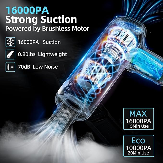 Car Vacuum Cleaner&Air Duster | 80W | 16kpa | 12KRPM | 20 Mins-Dust Cleaner Portable Cordless Vacuum Pro-Compressed Air Blower,Lightweight Rechargeable Handheld Mini Vacuum for Car/Home/Office