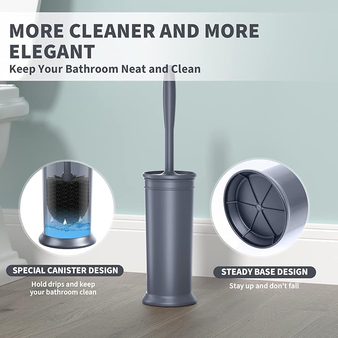 Toilet Brush, Toilet Bowl Brush with Extra Long Handle Durable Bristles Toilet Scrubber and Covered Holder for Toilet Brush Set for Bathroom Cleaning (Gray, 1 Set)