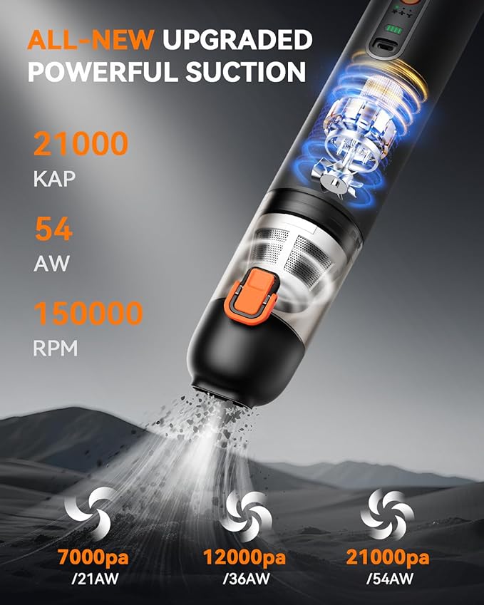 Car Vacuum, Handheld Vacuum Cordless with 21000Pa Powerful Suction & 3 Modes, 4-in-1 Portable Hand Held Mini Vacuum Cleaner Rechargeable, Ultra Light for Car Home Office (Black)