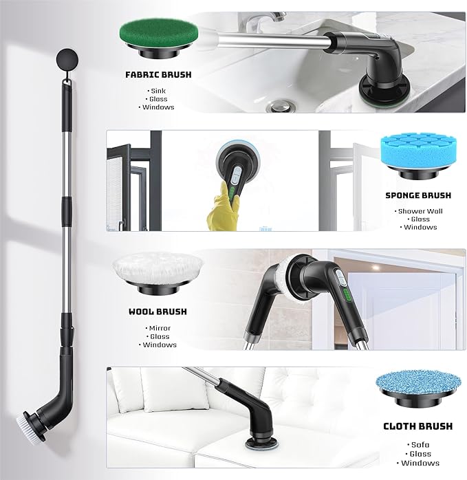 Highyes Electric Spin Scrubber, Powerful 2-Speed Cleaning Brush, IPX7 Waterproof with 7 Reusable Brush Heads & Extendable Handle, for Bathroom Toilet Shower Kitchen Wall Tile Floor Grout (Black)