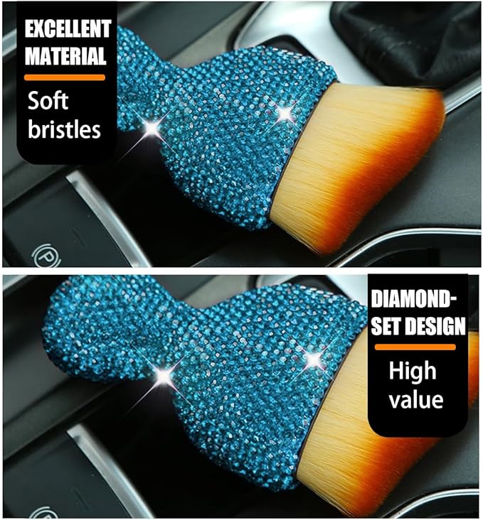 zipelo Auto Interior Dust Brush, Car Detailing Cleaner Brush with Diamond, Bling Handle Soft Bristle Dusting Tool, Scratch Free Dirt Clean Brush for Vehicle Dashboard, Air Conditioner Vent (Lake Blue)
