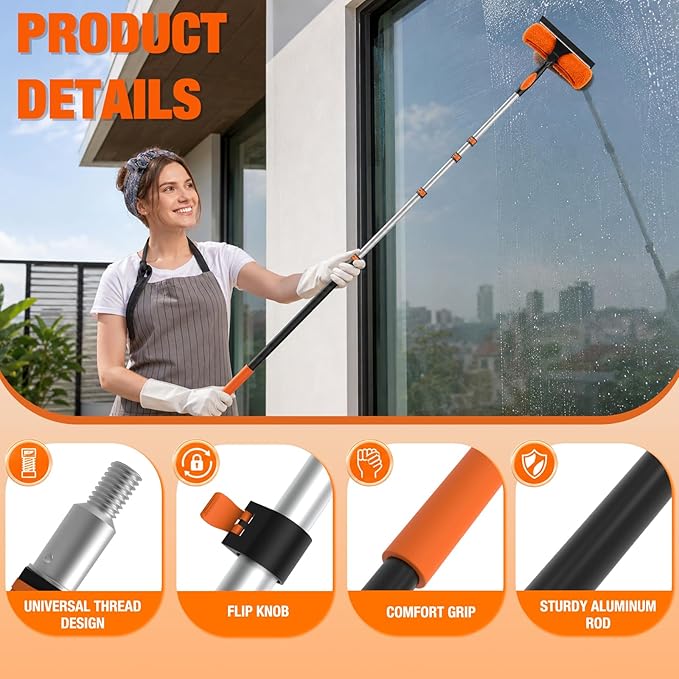 LAANPOLE 36FT Window Squeegee with Extension Pole, 2-in-1 Squeegee for Window Cleaning, Professional Cleaning Kit for Home with 30FT Telescoping Pole for Outdoor Indoor Use