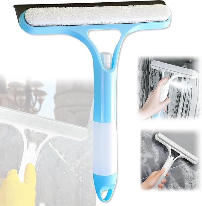 Shower Squeegee for Glass Doors, 3 in 1 Squeegee for Shower Glass with Spray, Scrubber and Shower Squeegee for Glass Doors, Mirrors, Car and Home, All-Purpose Window Cleaner Tool (Blue)