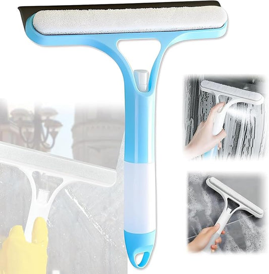 Shower Squeegee for Glass Doors, 3 in 1 Squeegee for Shower Glass with Spray, Scrubber and Shower Squeegee for Glass Doors, Mirrors, Car and Home, All-Purpose Window Cleaner Tool (Blue)