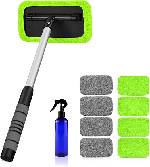 XINDELL Interior Windshield Cleaner Tool – Car Window Cleaning Tool Extendable Handle for Easy Cleaning, 9pcs Reusable M