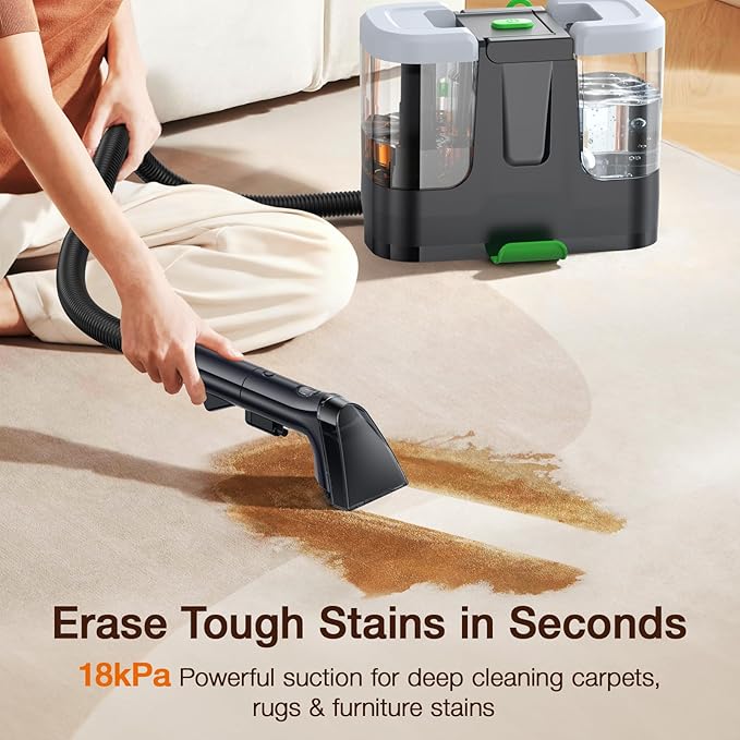 Portable Carpet & Upholstery Cleaner, 18Kpa Carpet Cleaner Machine for Deep Stain Removal, Spot Cleaner for Pet Accidents, Area Rugs, Stairs, Car Seats & Couches, Includes Tools & Self-Cleaning