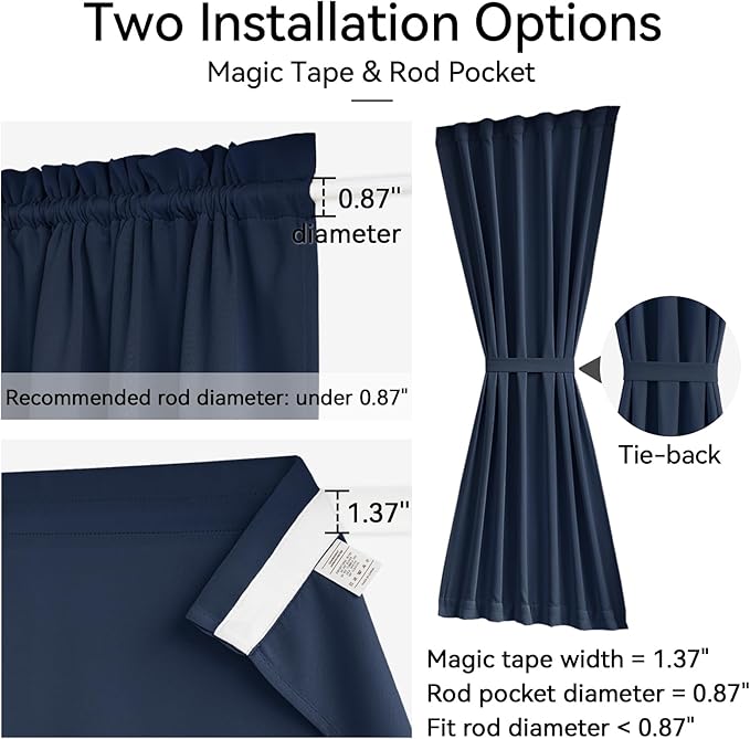 Vatge Door Curtain for Door Window, 2 Installation Method Small Door Curtains for Front Door/Glass Doors, 1 Panel, W25 x L20, Navy
