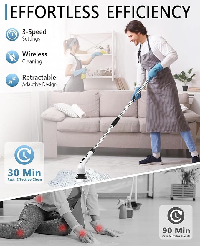 Electric Spin Scrubber for Cleaning Bathroom, Shower Scrubber Cordless Cleaning Brush with IPX7 Waterproof & 3 Speed, 9 Brush Heads, Bathroom Cleaning Supplies for Shower Tub Kitchen Tile Toilet Floor