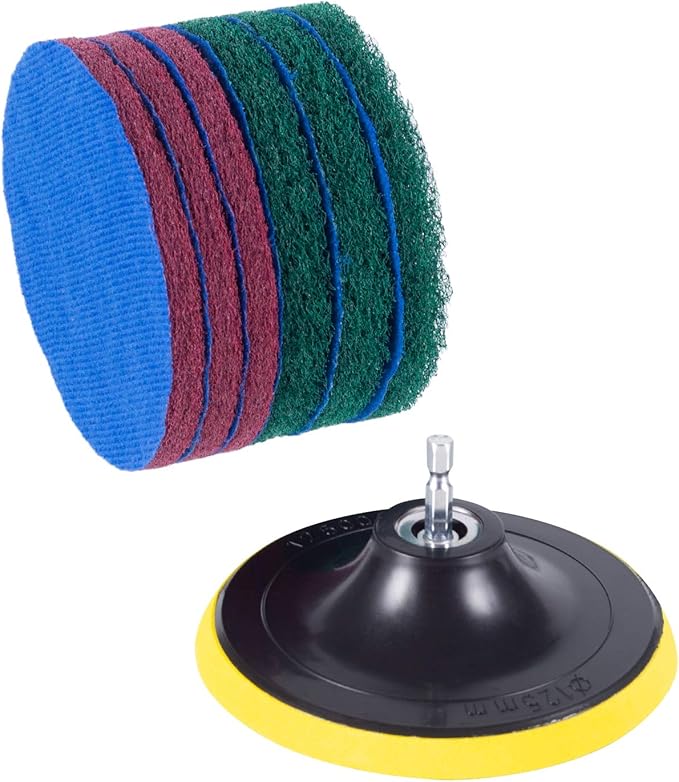 Kichwit 5 Inch Drill Powered Brush Tile Scrubber Scouring Pads, 2 Different Stiffness, 5-Inch Pad Holder with 6 Scrubbing Pads, Cleans Large Flat Areas Perfectly (Drill NOT Included)