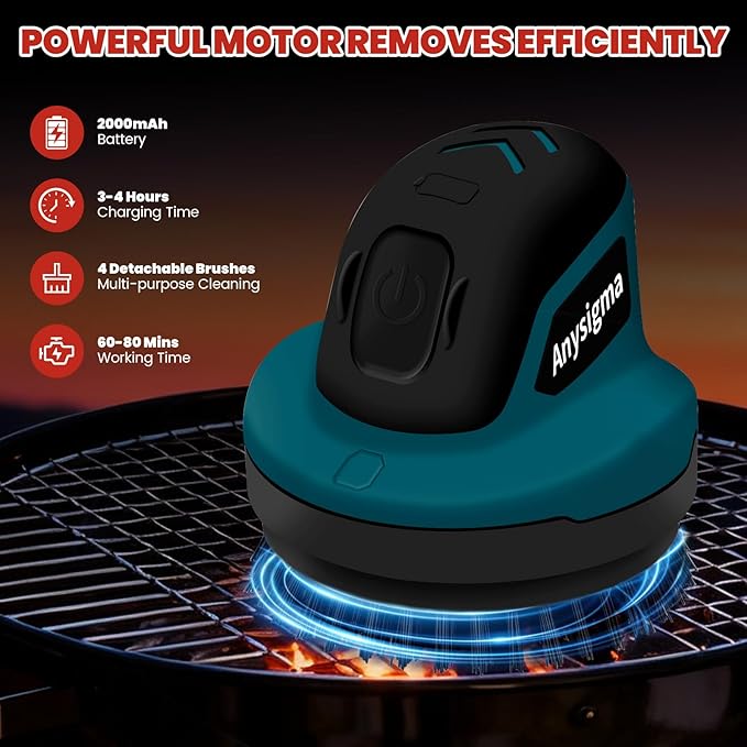 Electric Grill Brush for Outdoor Grill- 4 Replaceable Heads, 3000mAh IPX7 Waterproof BBQ Cleaning Scrubber for Kitchen & Car & Bathroom - Ideal Mother’s for Grill Lovers, Dad, Mom