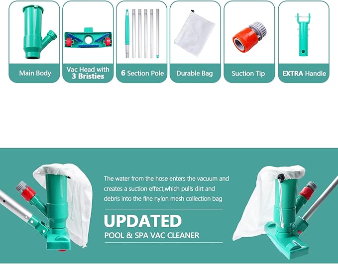POOLWHALE Upgrades Pool Spa Pond Mini Jet Vac Vacuum Cleaner w/Brush, Bag,6 Sections Telescopic Pole of 56.5" and Handle