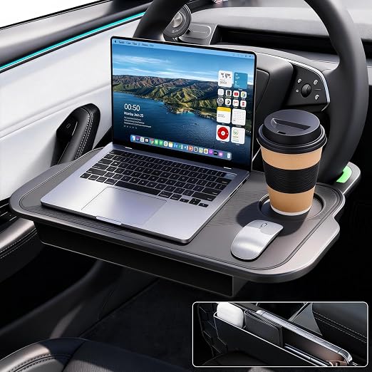 2-in-1 Car Steering Wheel Desk Tray & Car Seat Gap Filler Organizer – Silicone Look Table for Laptop, Eating Food, Writi
