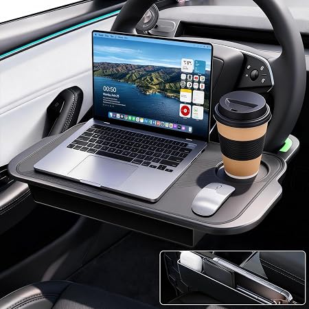 2-in-1 Car Steering Wheel Desk Tray & Car Seat Gap Filler Organizer – Silicone Look Table for Laptop, Eating Food, Writi