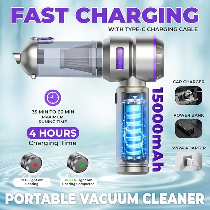 2026 Upgraded 4-in-1 Handheld Cordless Car Vacuum Cleaner, 16000PA High Power Air Blower & Mini Car Vacuum Cleaner with LED Light for Home, Office & Auto, 15000mAh long Battery & Type-C Fast Charging