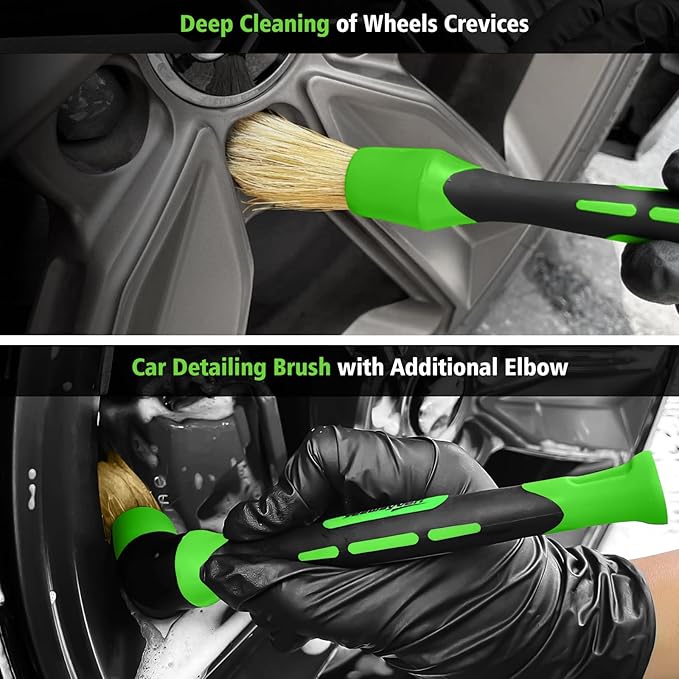 YeewayVeh 5PCS Pro Wheel Detailing Kit | 360° Bendable Rim Cleaner Brush, Premium Boar Hair Brush & Tire Shine Applicator | Microfiber Scratch-Free Wheel and Tire Brush Set for Cleaning Wheels,Tires