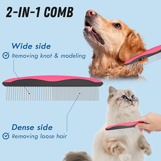 Docrok Pet Grooming Brush & Comb Combo, Cat & Dog Brush for Shedding & Dematting, Undercoat Rake for Long-haired Pets, Pink