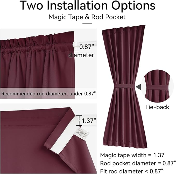 Vatge Self Adhesive Burgundy Red French Door Curtains - No Drill Rodless Blackout Panels for Sliding Glass Doors, 1 Panel, W36 x L72, Burgundy