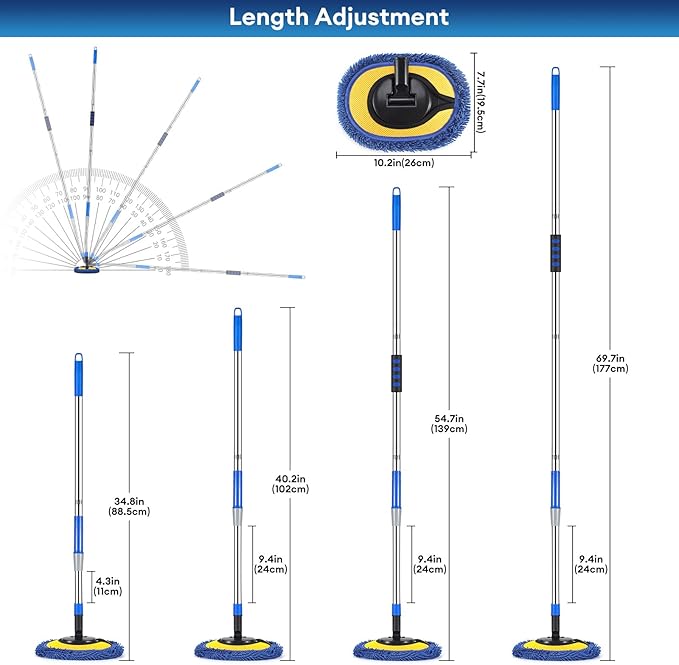 Wall Cleaner, Max 66'' Wall Mop with Long Handle, Ceiling Dust Mop with 15° Labor-Saving Elbow Extension Pole, Baseboard Duster Washer Scrubber, High Reach Window Cleaning Brush, Roof Cleaning Tool-BU