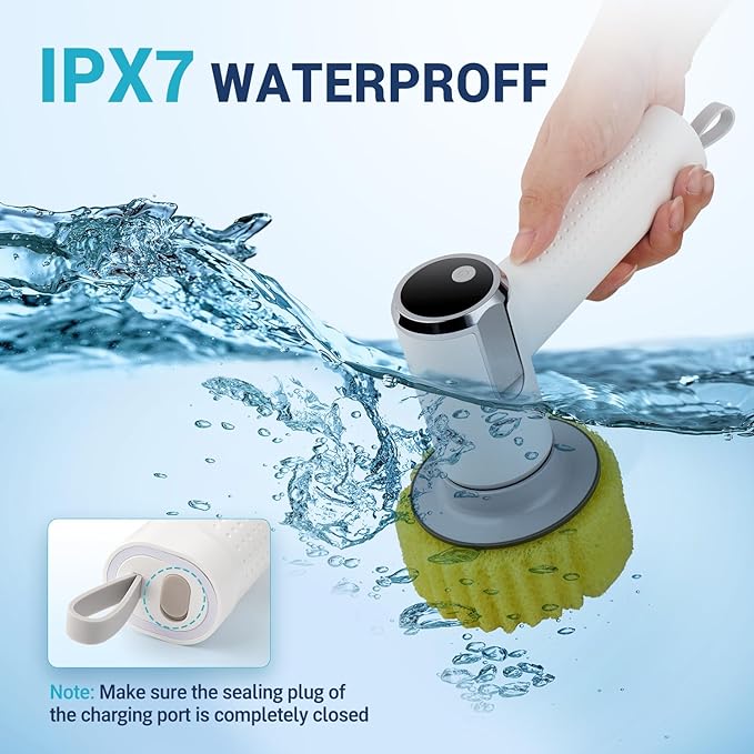 Electric Spin Scrubber Compatible with Scrub Daddy/Mommy, Coinicxcel 2-Speed Option IP7X Waterproof Smile Sponge Dish Wand Holder with 4 Replaceable Heads, Lightweight for Oven/Stove/Sink