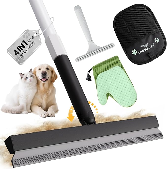 Carpet Rake for Pet Hair Removal Tool - 4 in 1 Pet Hair Remover Kit for Dog Cat Fur Remover, Contain 60" Adjustable Rubber Broom, Glove, Magic Brush and Scraper for Furniture (Black)