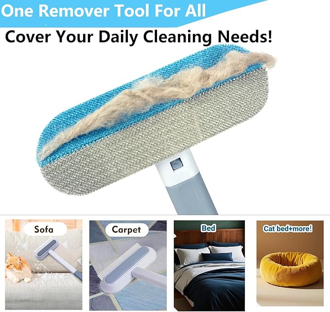 4 in 1 Pet Hair Remover, Reusable, Effective Cat and Dog Hair Removal Cleaning Tool with 17-Inch Extra Long Handle Multifunctional Fur Lint Brush for Couch, Furniture, Carpet, Clothes, Bedding