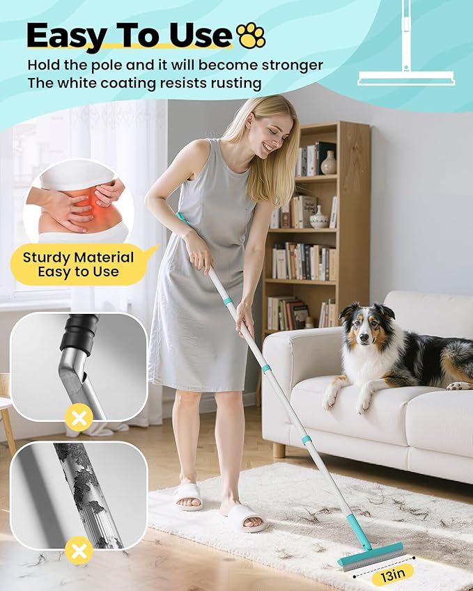Carpet Rake for Pet Hair Removal Tool - 4 in 1 Pet Hair Remover Kit for Dog Cat Fur Remover, Contain 60" Adjustable Rubber Broom, Glove, Magic Brush and Scraper for Furniture (Blue)