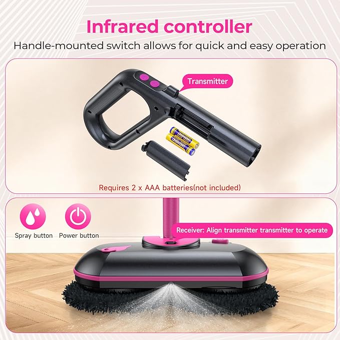 Cordless Electric Mop, Electric Spin Mop with Water Sprayer, Powerful Floor Cleaner, 300ml Tank Self-Propelled for Hardwood & Tile, Adjustable Handle, 2500mAh Long-Lasting Battery, Pink