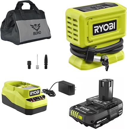Buho Cordless Inflator Accessory Bundle - Ryobi 18 Volt High Pressure Inflator 2.0 Ah Battery 18V Charger Tool Bag for T