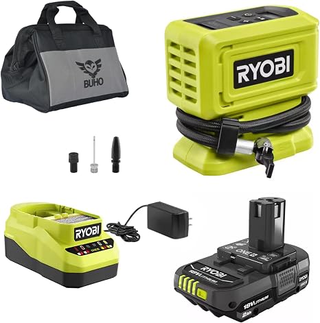 Buho Cordless Inflator Accessory Bundle - Ryobi 18 Volt High Pressure Inflator 2.0 Ah Battery 18V Charger Tool Bag for T