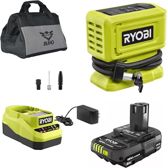 Buho Cordless Inflator Accessory Bundle - Ryobi 18 Volt High Pressure Inflator 2.0 Ah Battery 18V Charger Tool Bag for T